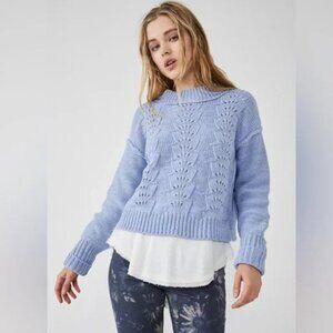 Free People Bell Song Sweater XL Vintage Blue Chunky Knit Oversized Pullover